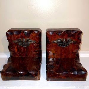 Vintage brass eagle Handmade Carved wooden bookends Signed WCF 1973